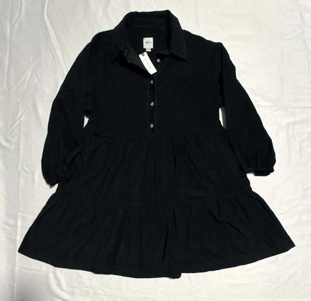 Maeve Black Long Sleeve Tiered Corduroy Mini Shirt Dress
